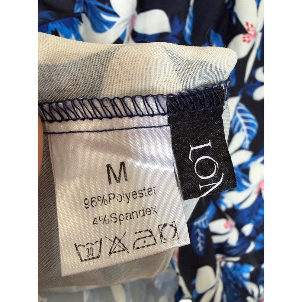ION Women Tropical Floral Button Down Shirt Navy Blue White Lily Summer Top M - Picture 7 of 7